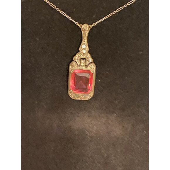 Vintage Art Deco Pink Paste & Rhinestone Pendant Necklace | 1920s Emerald Cut St - Picture 3 of 6